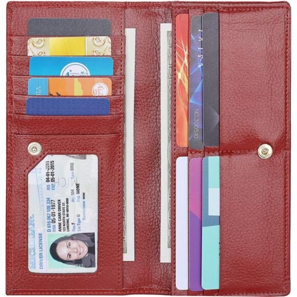 SENDEFN Women's Large Capacity RFID Blocking Leather Wallet - Wax Red, Genuine Leather With Checkbook Holder & Coin Pouch 1 thumbnail image